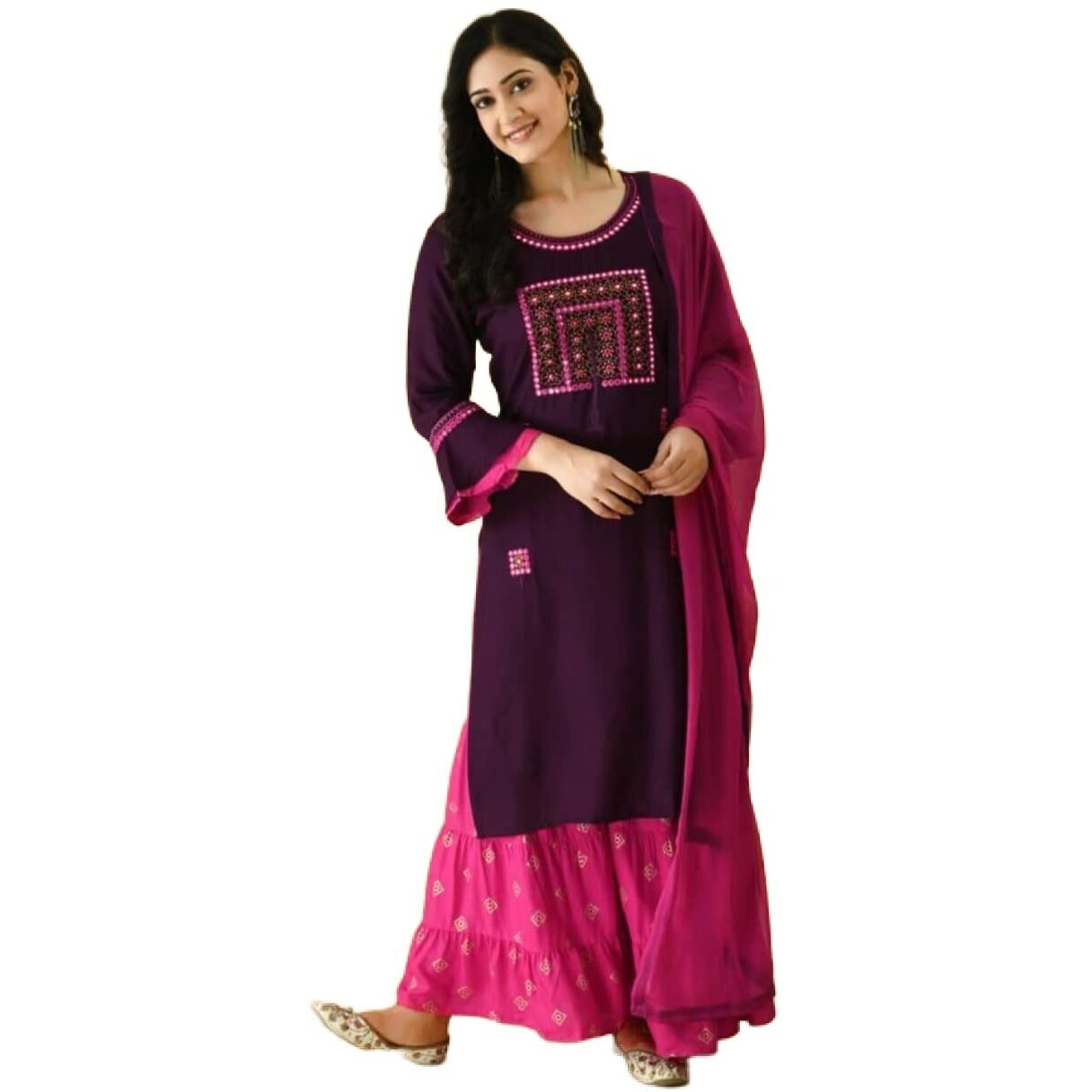 Yashika Women's Embroiderd Purple Rayon Kurti Pink Color Palazzo Set with Dupatta(YS-KS2032-L) (YS-KS2029-KS2032-P