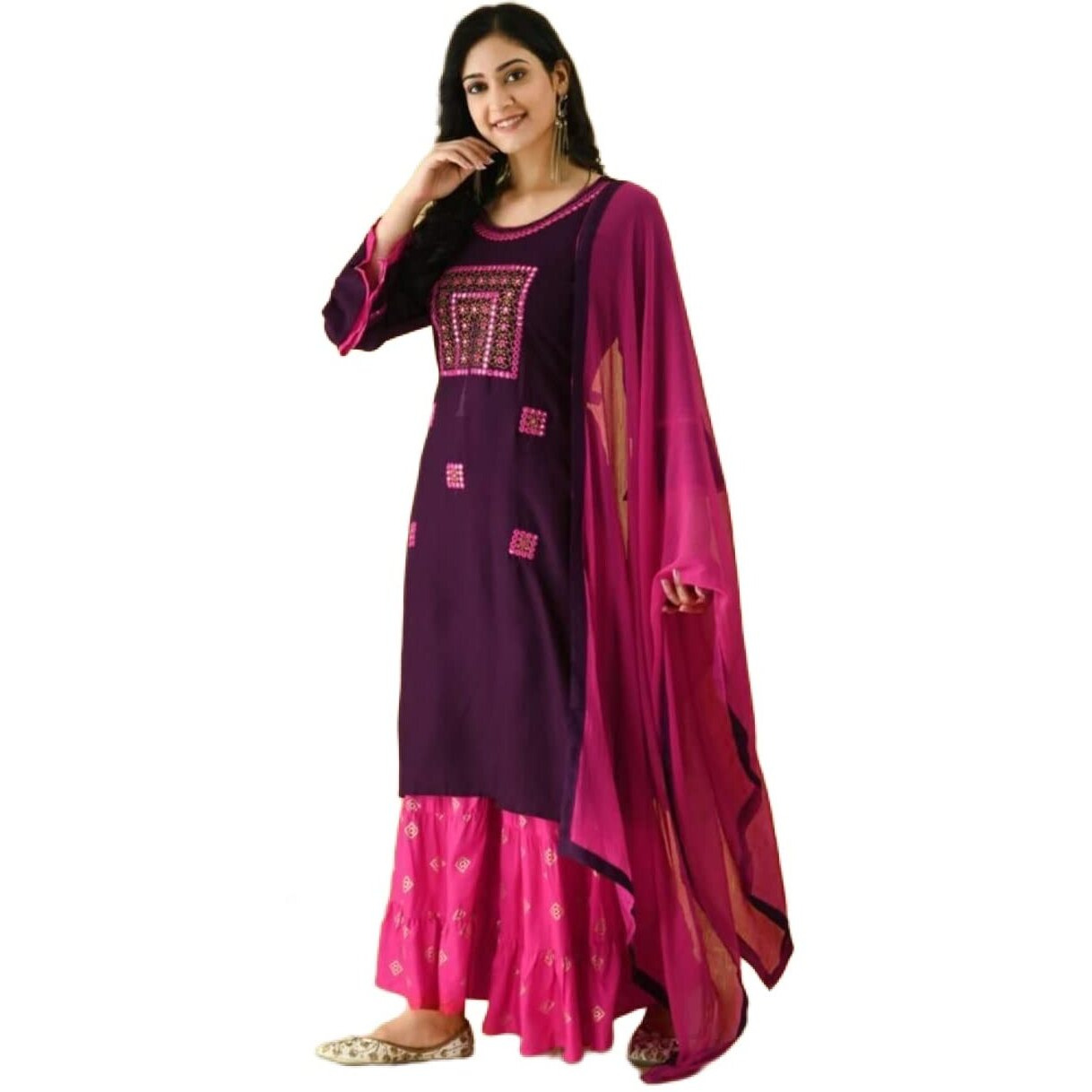 Yashika Women's Embroiderd Purple Rayon Kurti Pink Color Palazzo Set with Dupatta(YS-KS2032-L) (YS-KS2029-KS2032-P