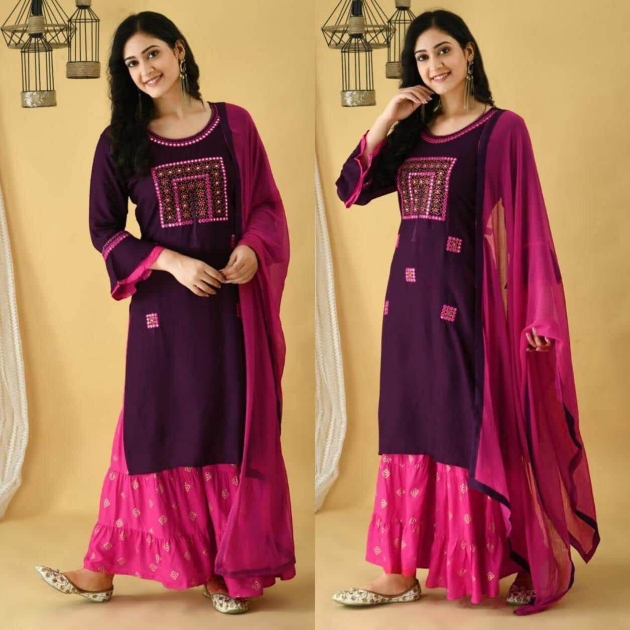 Yashika Women's Embroiderd Purple Rayon Kurti Pink Color Palazzo Set with Dupatta(YS-KS2032-L) (YS-KS2029-KS2032-P