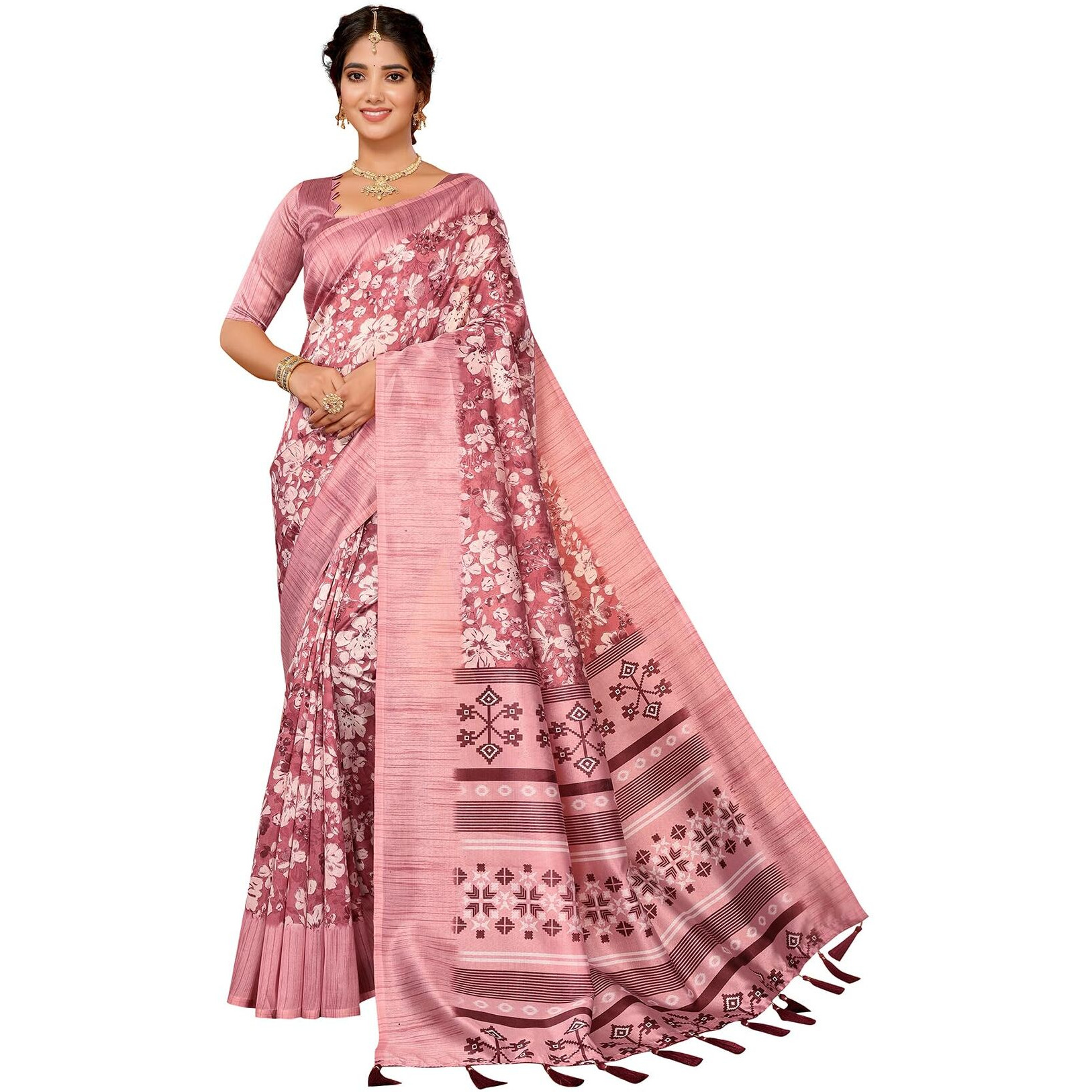 Yashika Women's Art Silk Printed with Tassels Unstitched Blouse Material Stylish Party Casual Wear Traditional Trendy Saree (AZ-YS-P1-SUMITRA-Parent_Peach)