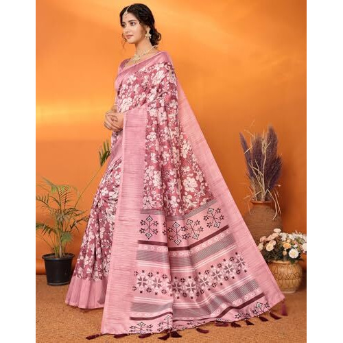 Yashika Women's Art Silk Printed with Tassels Unstitched Blouse Material Stylish Party Casual Wear Traditional Trendy Saree (AZ-YS-P1-SUMITRA-Parent_Peach)
