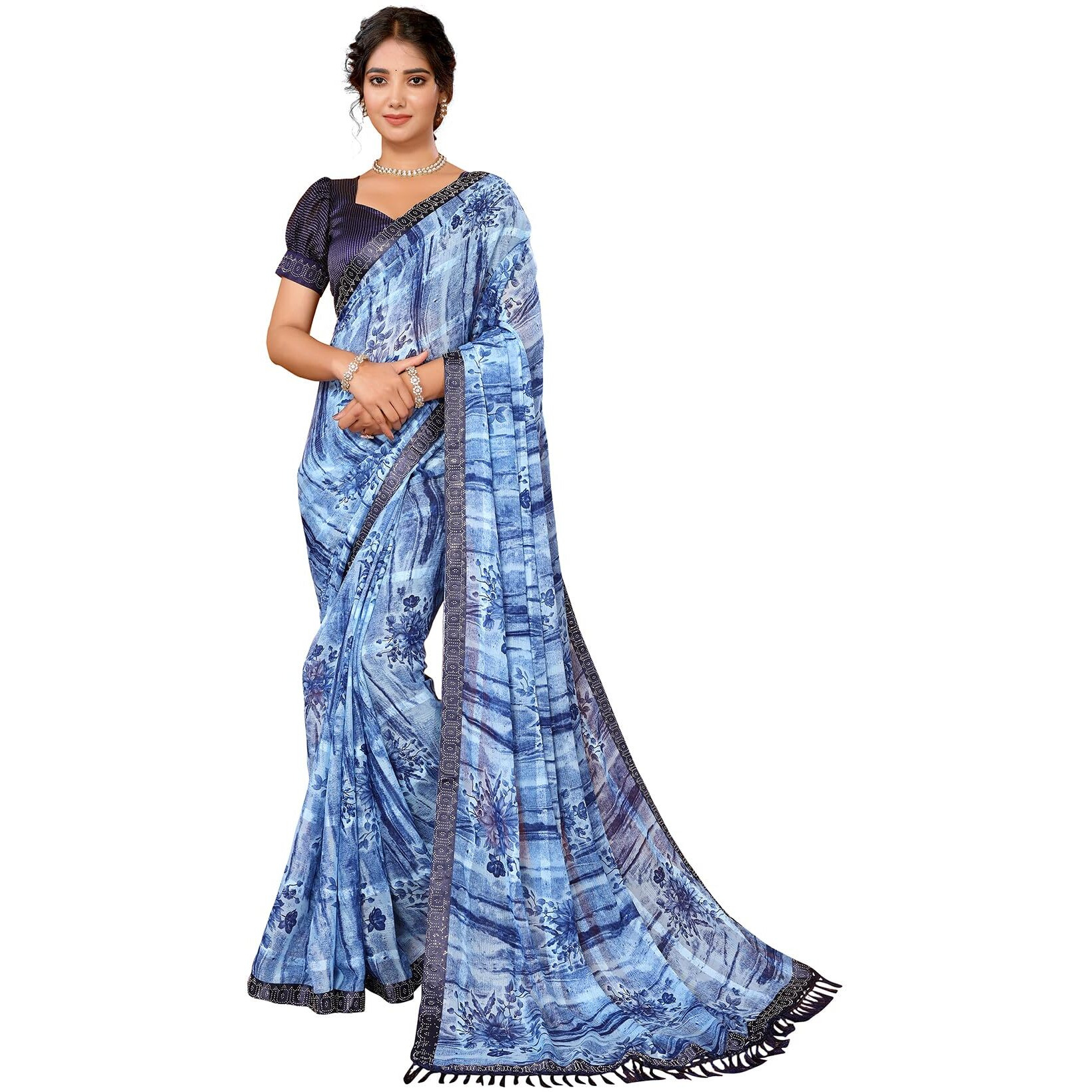 Yashika Women's Weightless Georgette Satin Printed Hot Fix Swarovski Lace with Tassels Unstitched Blouse Material Saree (AZ-YS-P1-REHANA-Parent_Navy)