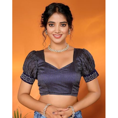 Yashika Women's Weightless Georgette Satin Printed Hot Fix Swarovski Lace with Tassels Unstitched Blouse Material Saree (AZ-YS-P1-REHANA-Parent_Navy)