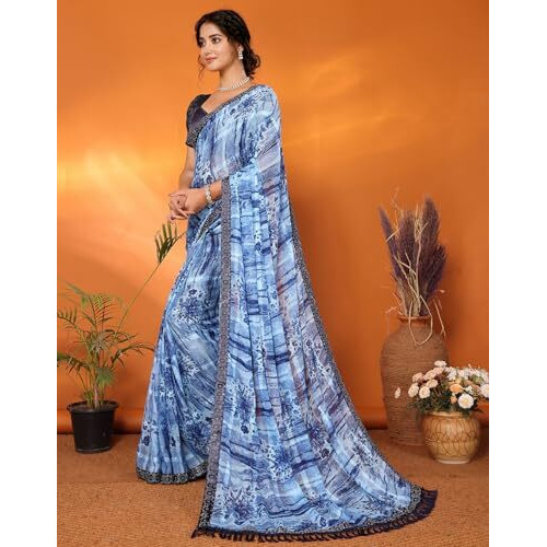 Yashika Women's Weightless Georgette Satin Printed Hot Fix Swarovski Lace with Tassels Unstitched Blouse Material Saree (AZ-YS-P1-REHANA-Parent_Navy)