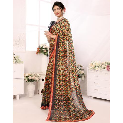 Yashika Women's Plain Geometric Print Georgette Saree with Lace and Unstitched Blouse Material (AZ-YS-P1-PUNEETA Black-New