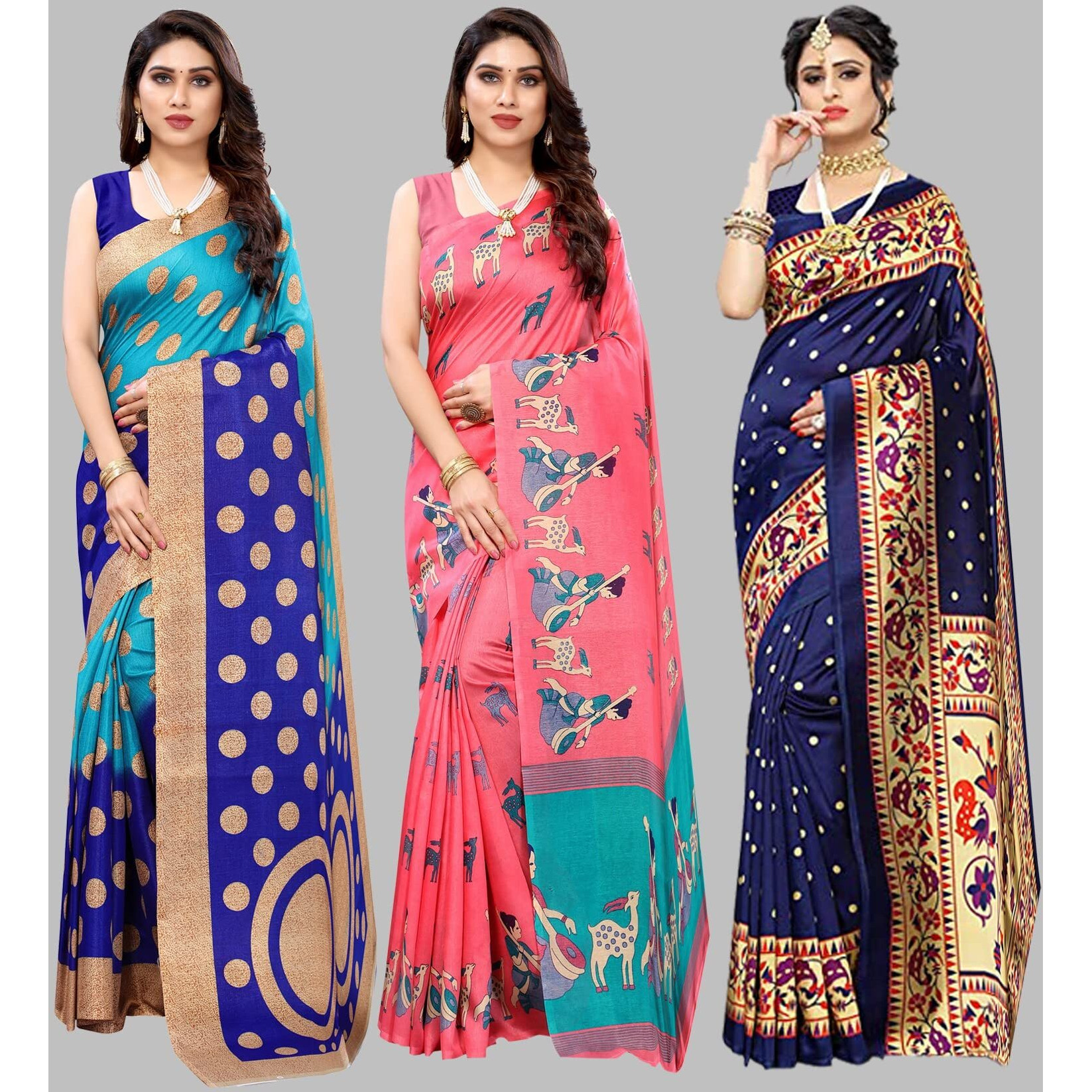 Yashika Women's Combo Art Silk Saree with Blouse Piece-Pack of 3(Kora Blue-MAITHALI Pink-MATWALI Navy) Multicolor-07