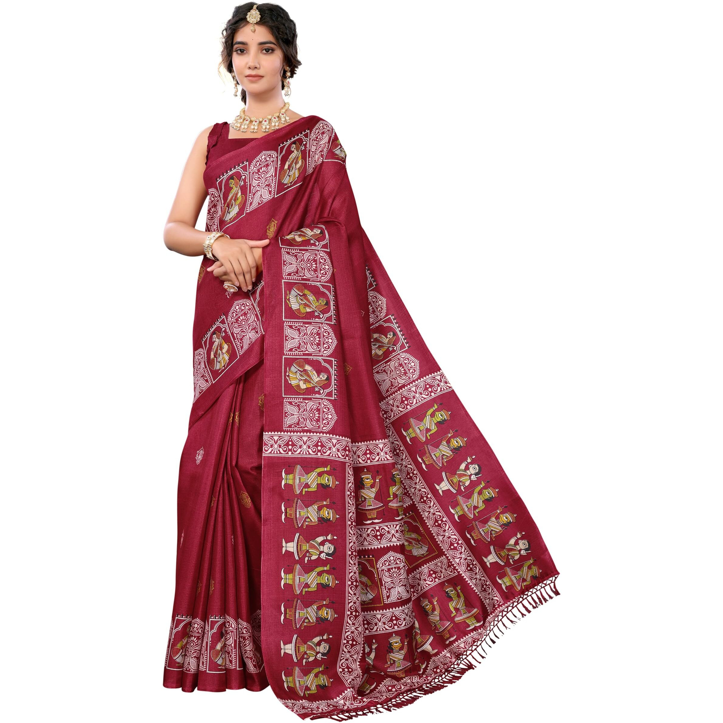 Yashika Women's Woven Latest Art Silk and Tassels Saree with Unstitched Blouse Material (AZ-YS-P1-NAFIZA-Parent-NEW_Maroon)
