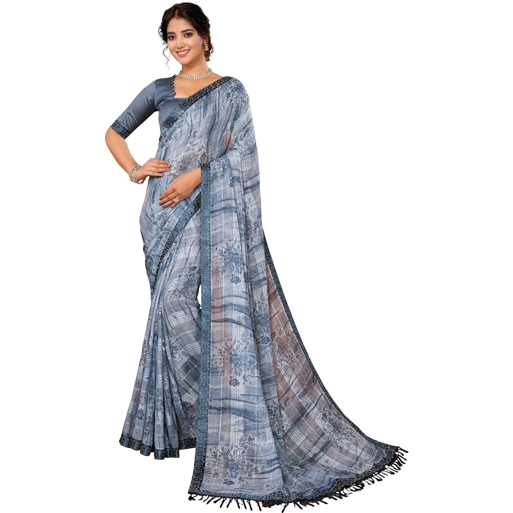 Yashika Women's Weightless Georgette Satin Printed Hot Fix Swarovski Lace with Tassels Unstitched Blouse Material Saree (AZ-YS-P1-REHANA-Parent_Grey)