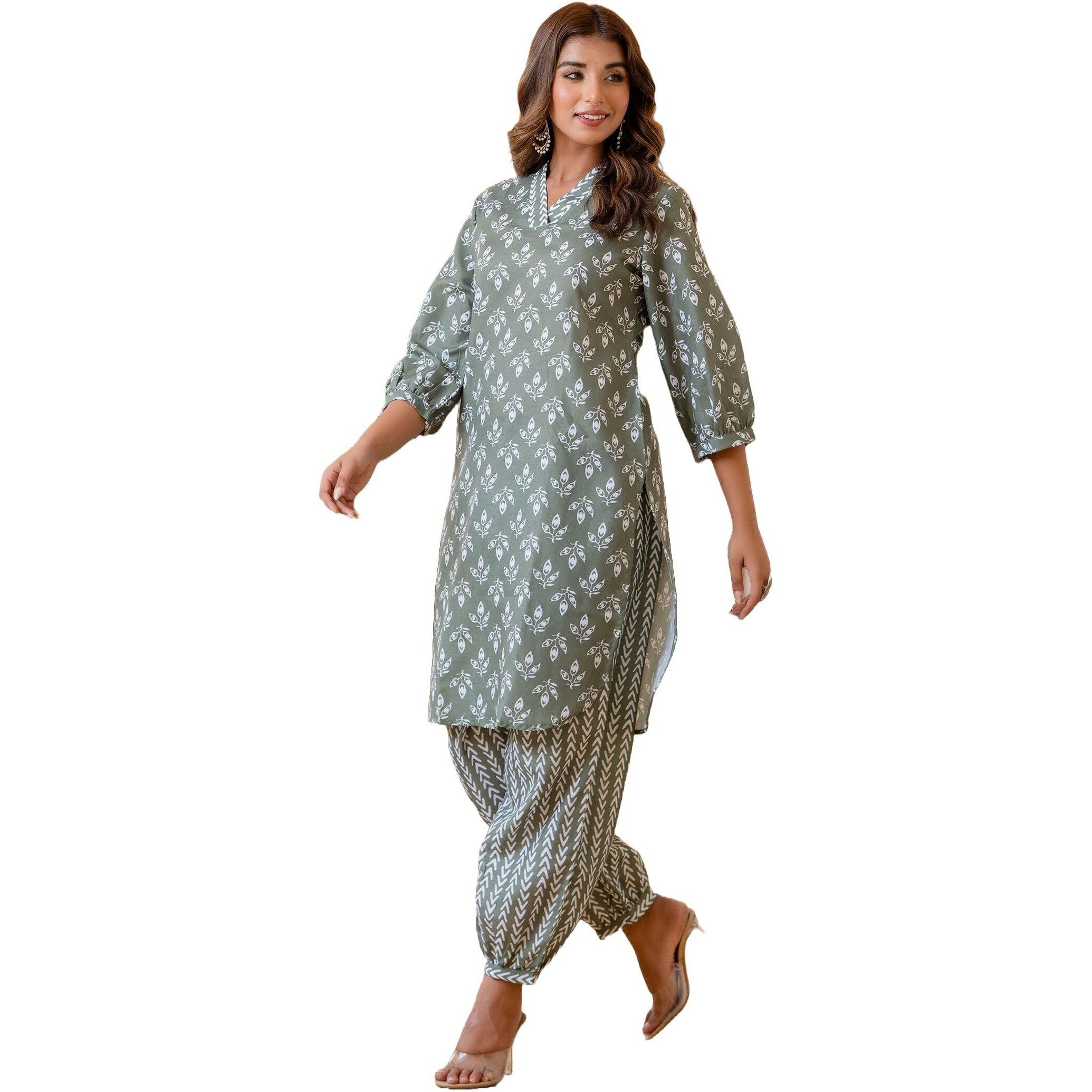 Yashika Women's Floral Latest Printed Cotton Blend Straight Kurta Afghani Pant Set Perfect for Casual and Office Wear (AZ-YS-P2-KS2070-Parent_Green
