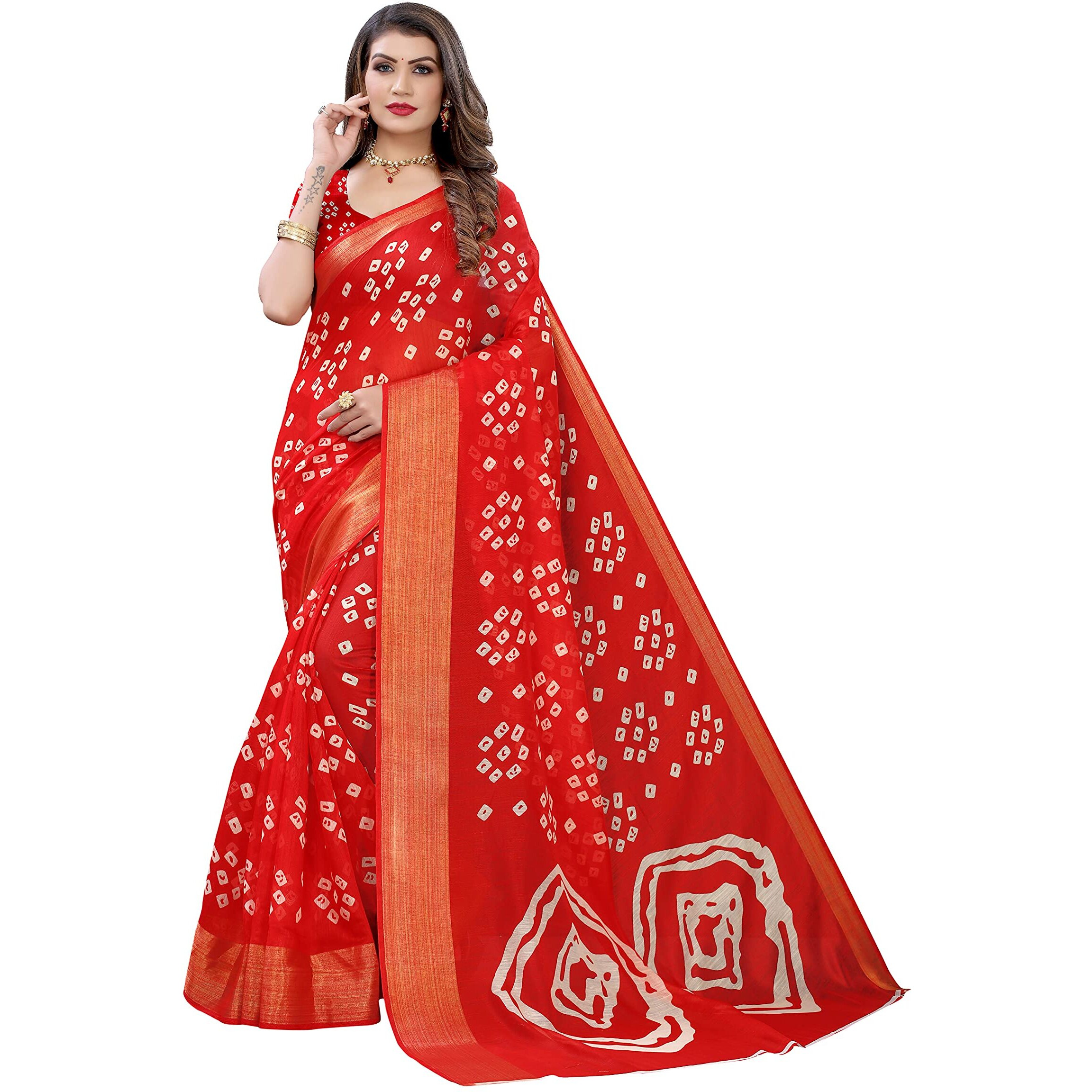 Yashika Women's Printed Linen Zari Saree With Blouse PieceRADHIKA RED_Free Size