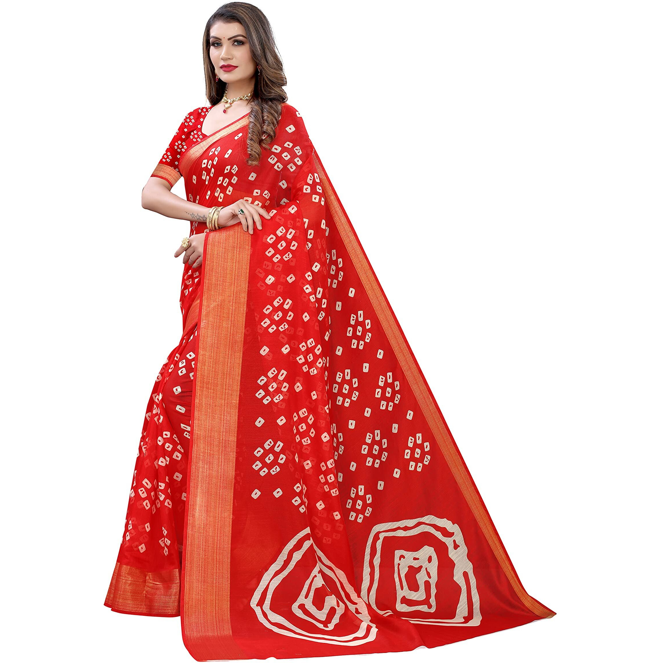 Yashika Women's Printed Linen Zari Saree With Blouse PieceRADHIKA RED_Free Size