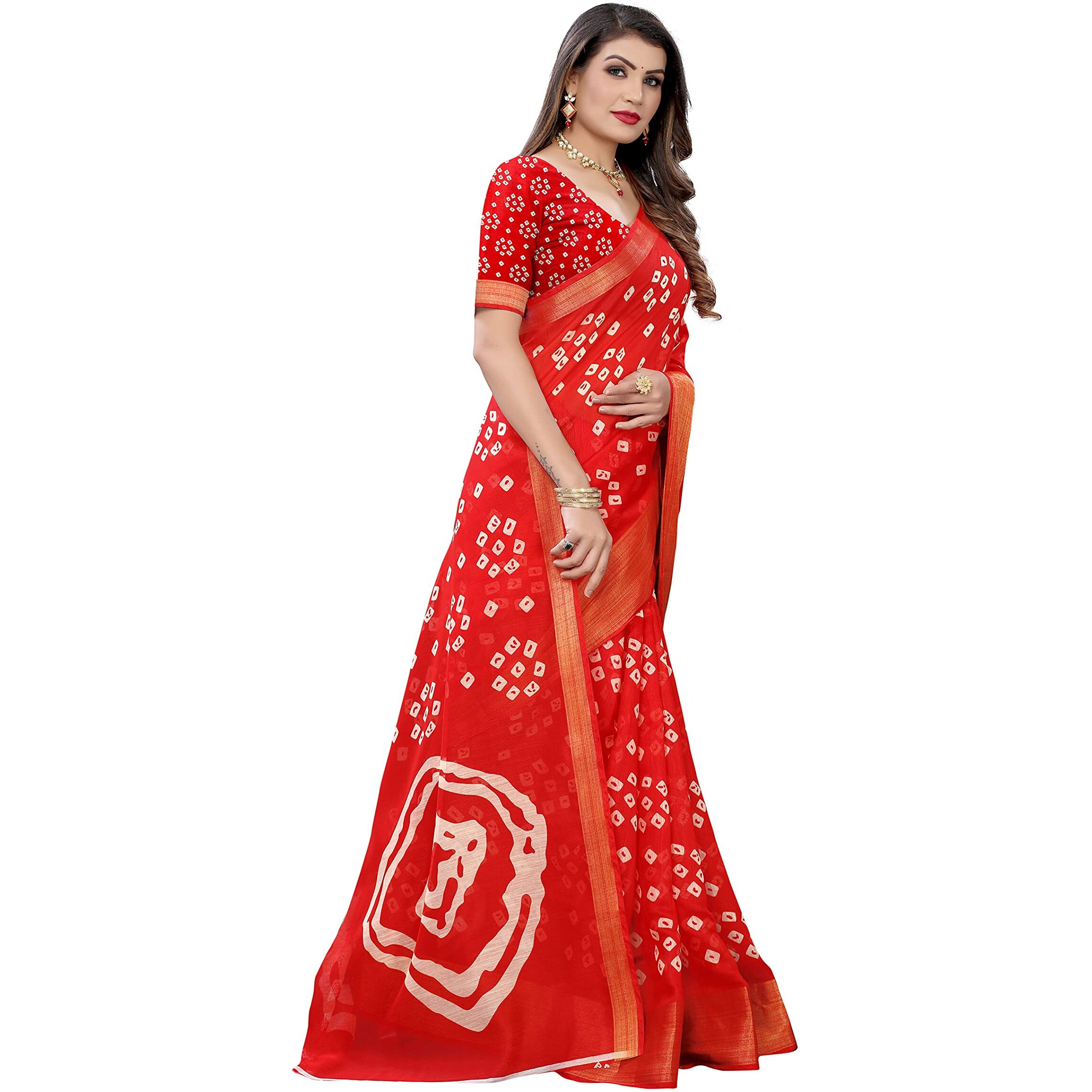 Yashika Women's Printed Linen Zari Saree With Blouse PieceRADHIKA RED_Free Size