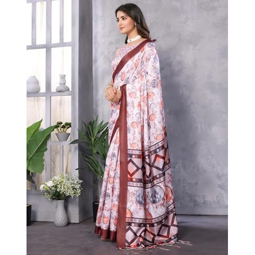 Yashika Women's Digital Print Art Silk Cotton Saree with Tassels and Golden Border - Lightweight and Elegant Ethnic Wear for Festive and Casual Occasions (AZ-YS-P1-PUSHPA 05)