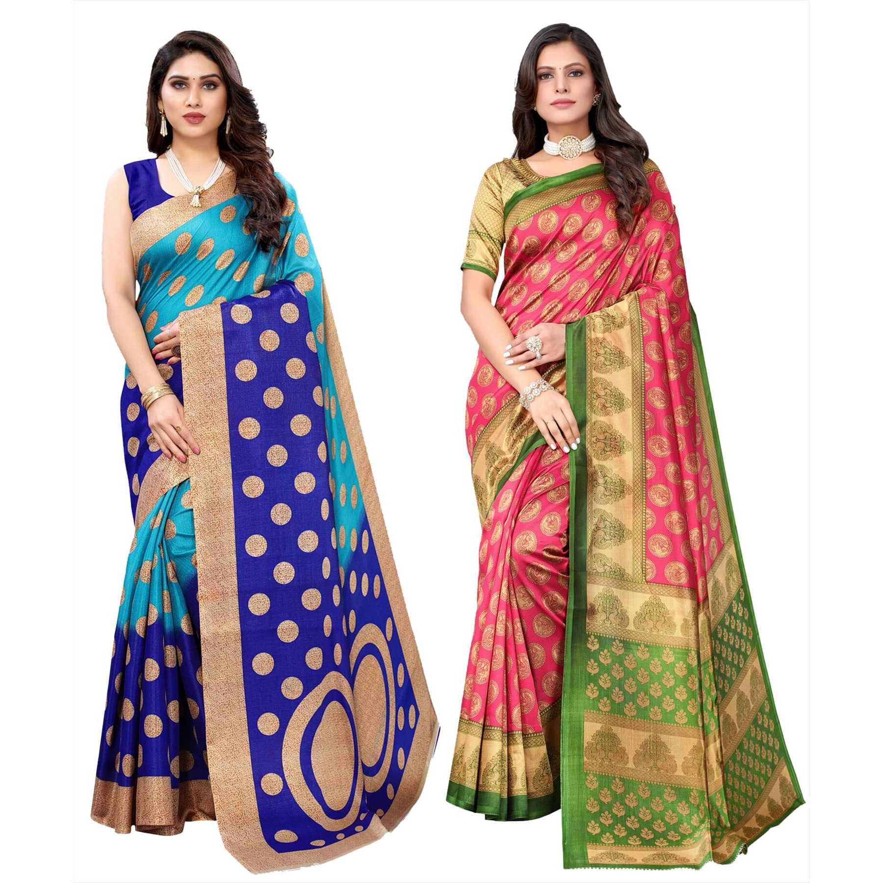 Yashika Women's Combo Art Silk Printed Saree With Blouse Piece Pack Of 2(KORA BLUE-ALIFA PINK)