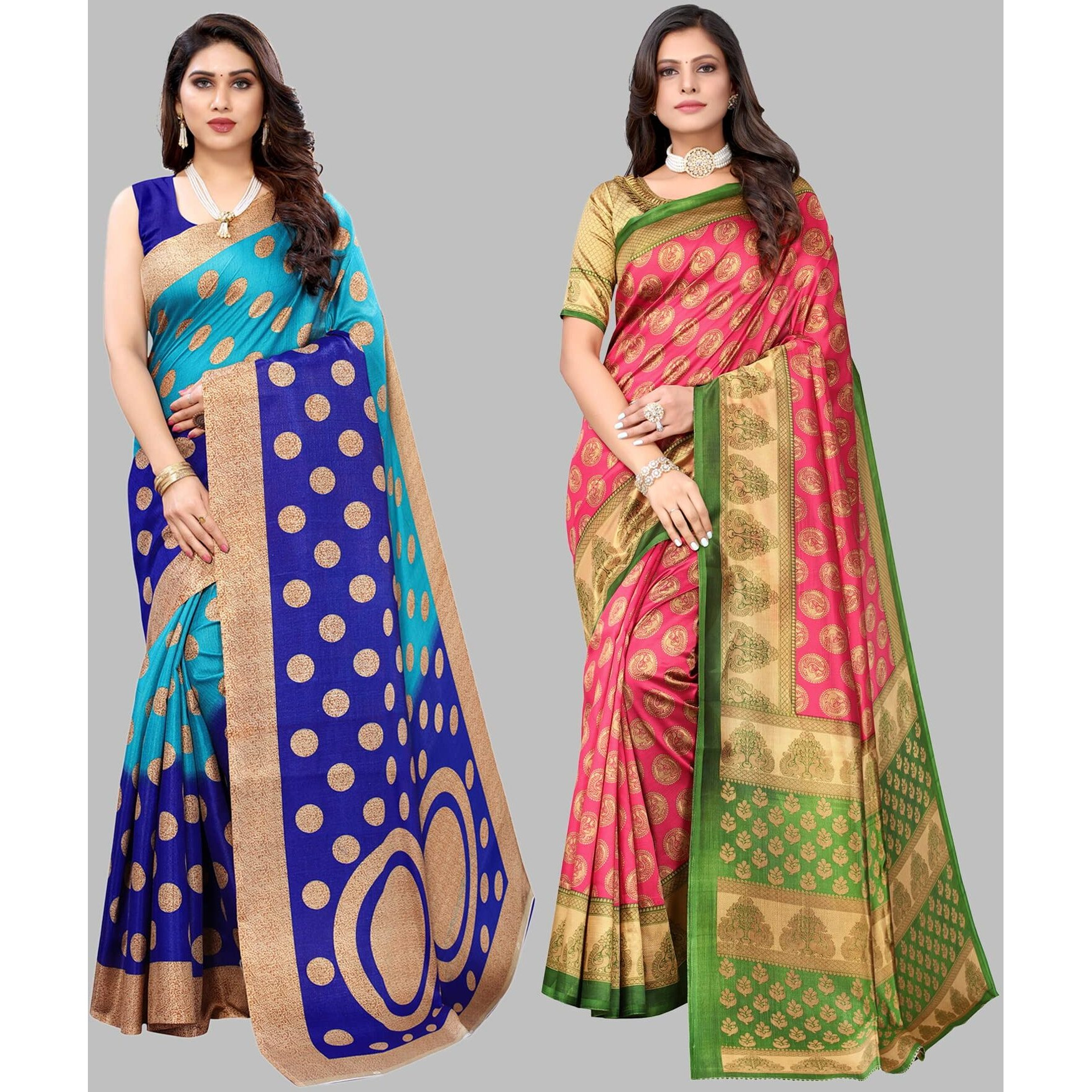 Yashika Women's Combo Art Silk Printed Saree With Blouse Piece Pack Of 2(KORA BLUE-ALIFA PINK)