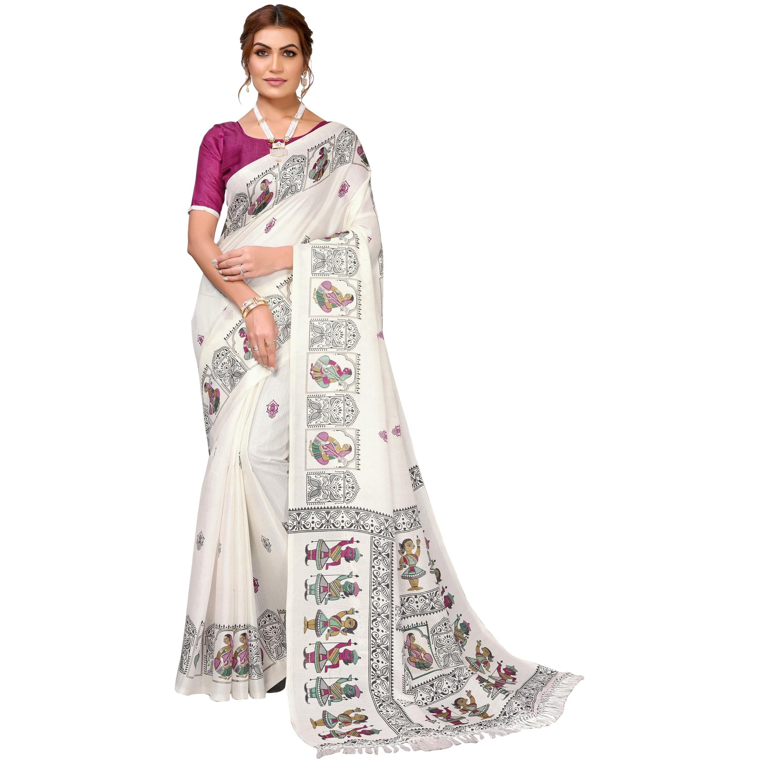 Yashika Women's Woven Latest Art Silk and Tassels Saree with Unstitched Blouse Material (AZ-YS-P1-NAFIZA-Parent-NEW_Cream Purple)