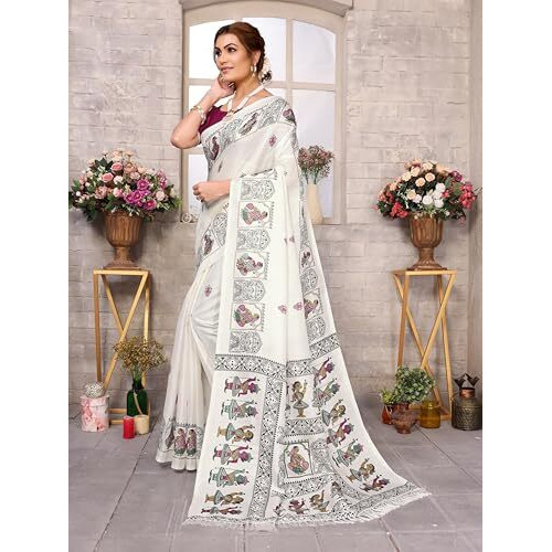 Yashika Women's Woven Latest Art Silk and Tassels Saree with Unstitched Blouse Material (AZ-YS-P1-NAFIZA-Parent-NEW_Cream Purple)