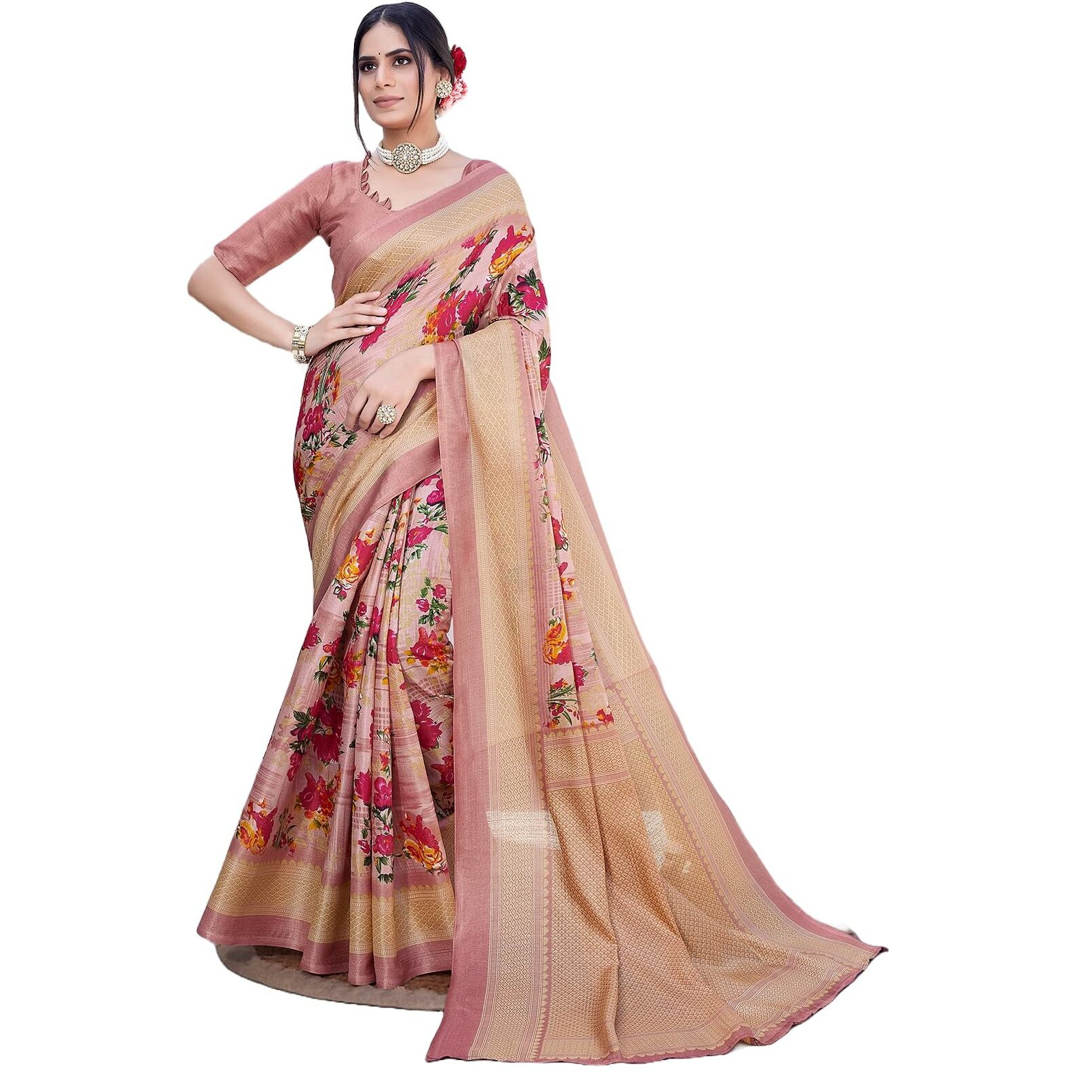 Yashika Women's Art Silk Saree Printed Saree With Unstitched Blouse Material - Suitable For All Indian Occasions and Festivals (AZ-YS-OG-AIR PEACH)