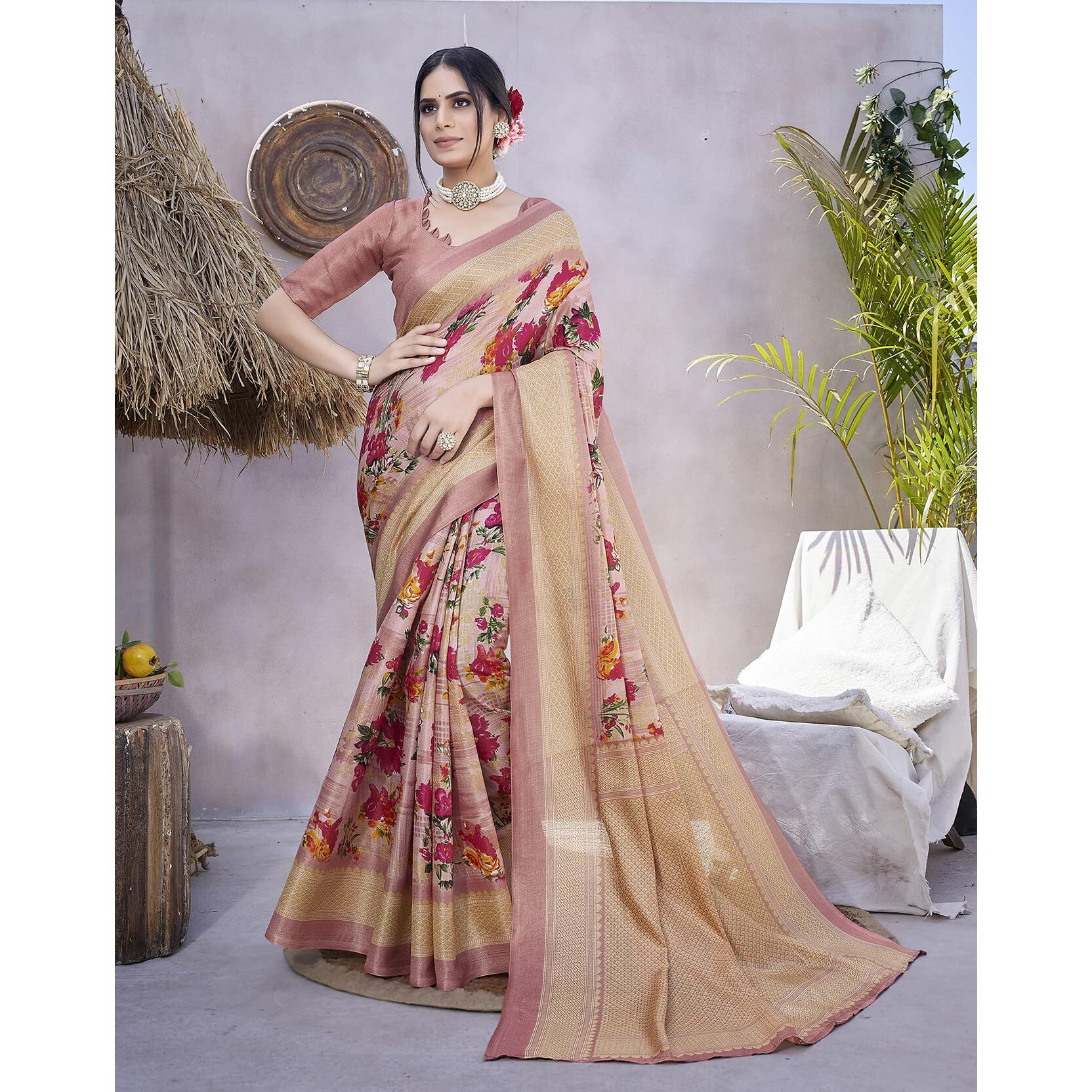 Yashika Women's Art Silk Saree Printed Saree With Unstitched Blouse Material - Suitable For All Indian Occasions and Festivals (AZ-YS-OG-AIR PEACH)
