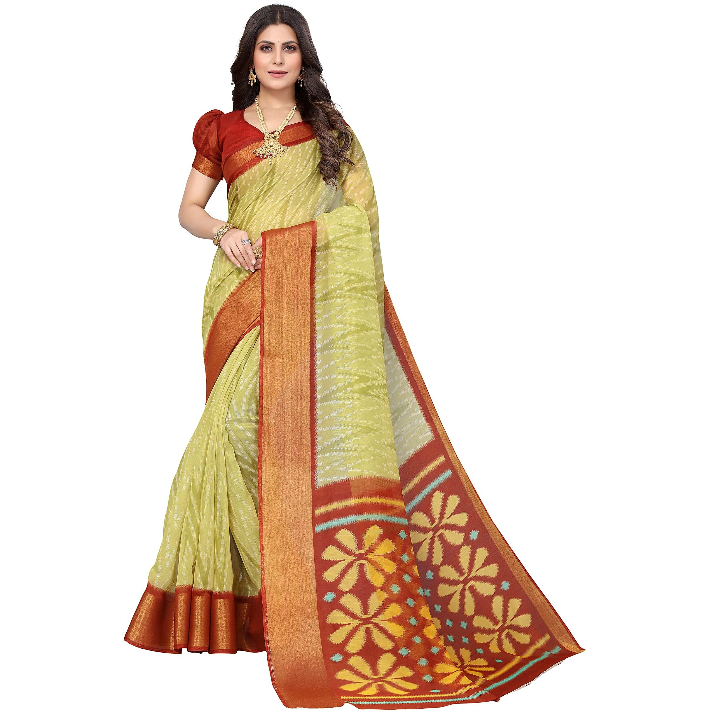 Yashika Women's Printed Linen Jari Border Saree With Blouse Free Size (Dino Light Green)