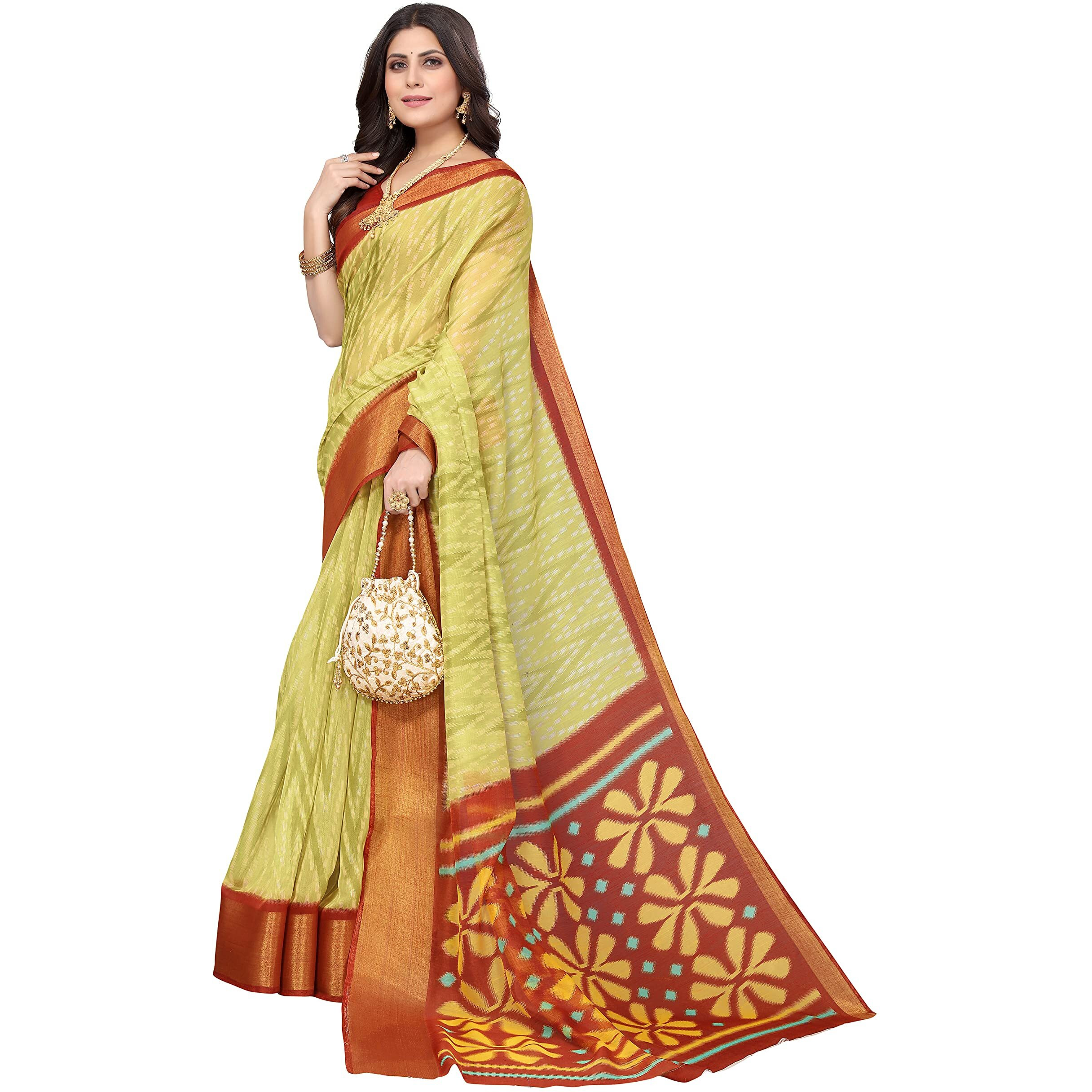 Yashika Women's Printed Linen Jari Border Saree With Blouse Free Size (Dino Light Green)