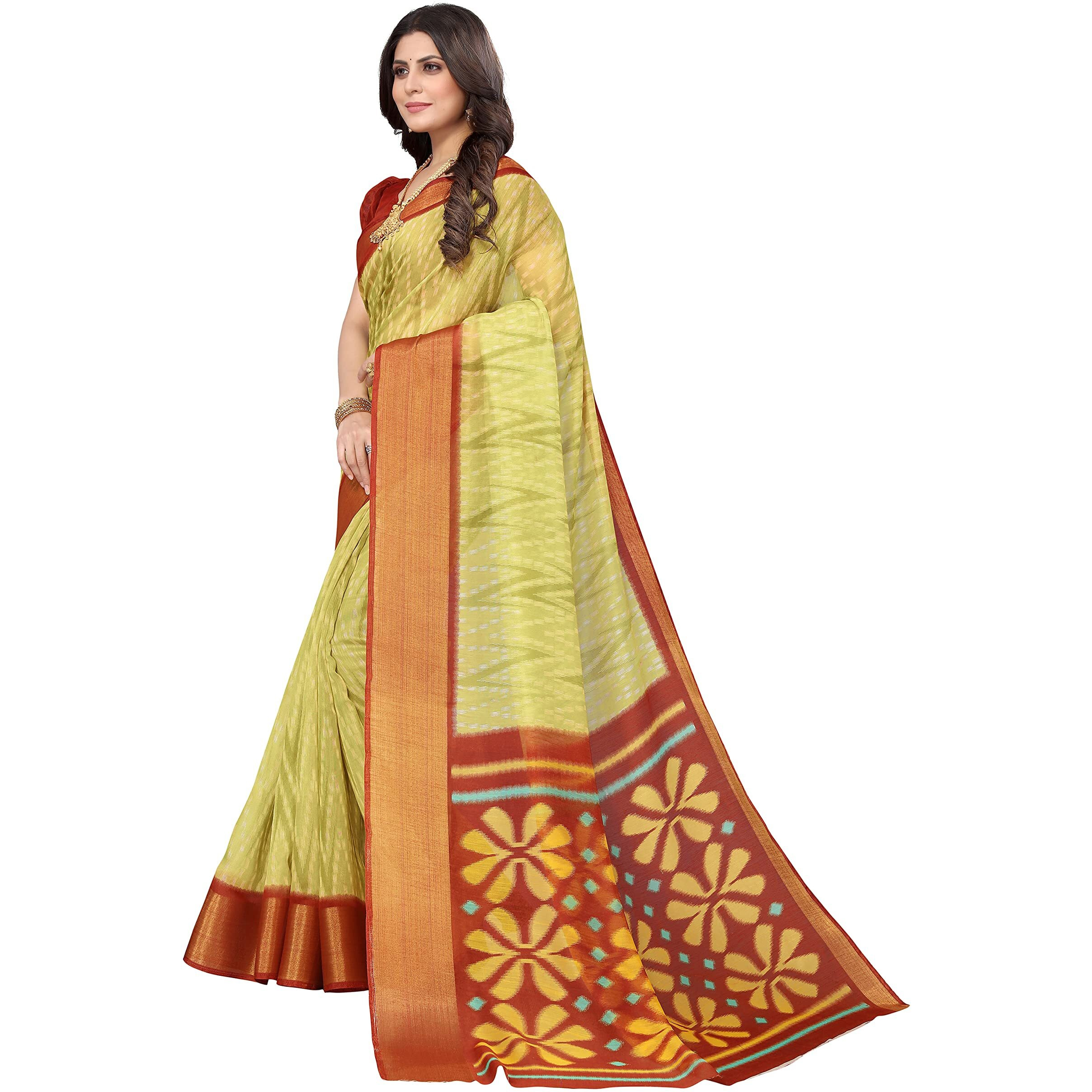 Yashika Women's Printed Linen Jari Border Saree With Blouse Free Size (Dino Light Green)