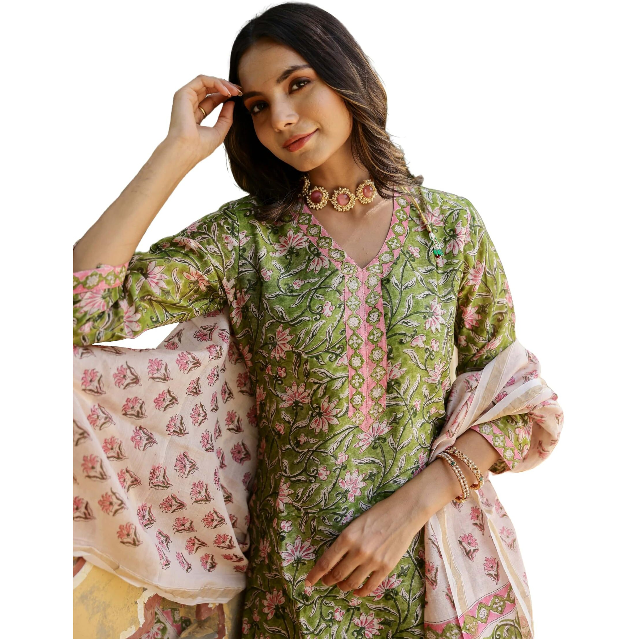 Yashika Women's Cotton Blend Floral Regular Kurta Effortlessly Elegant, Uniquely You Discover Your Signature Style with Our Printed Ethnic Sets (AZ-YS-OG-KS2140-Parent_Green_M)