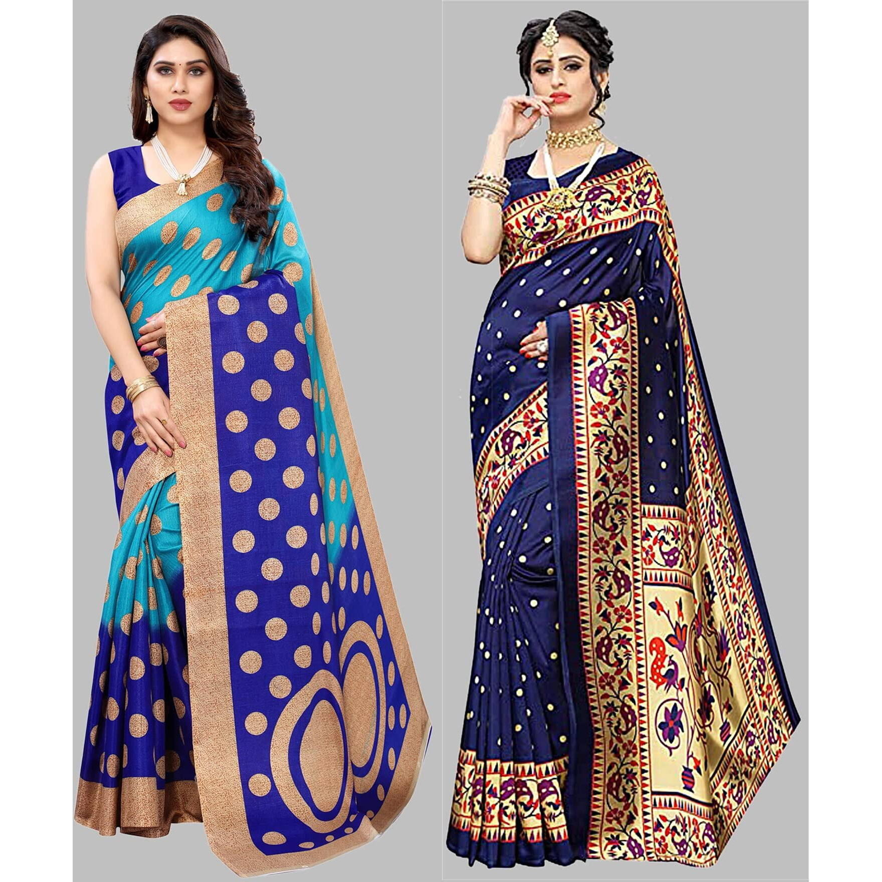 Yashika Women's Combo Art Silk Printed Saree With Blouse Piece Pack Of 8(KORA BLUE-MATWALI NAVY)
