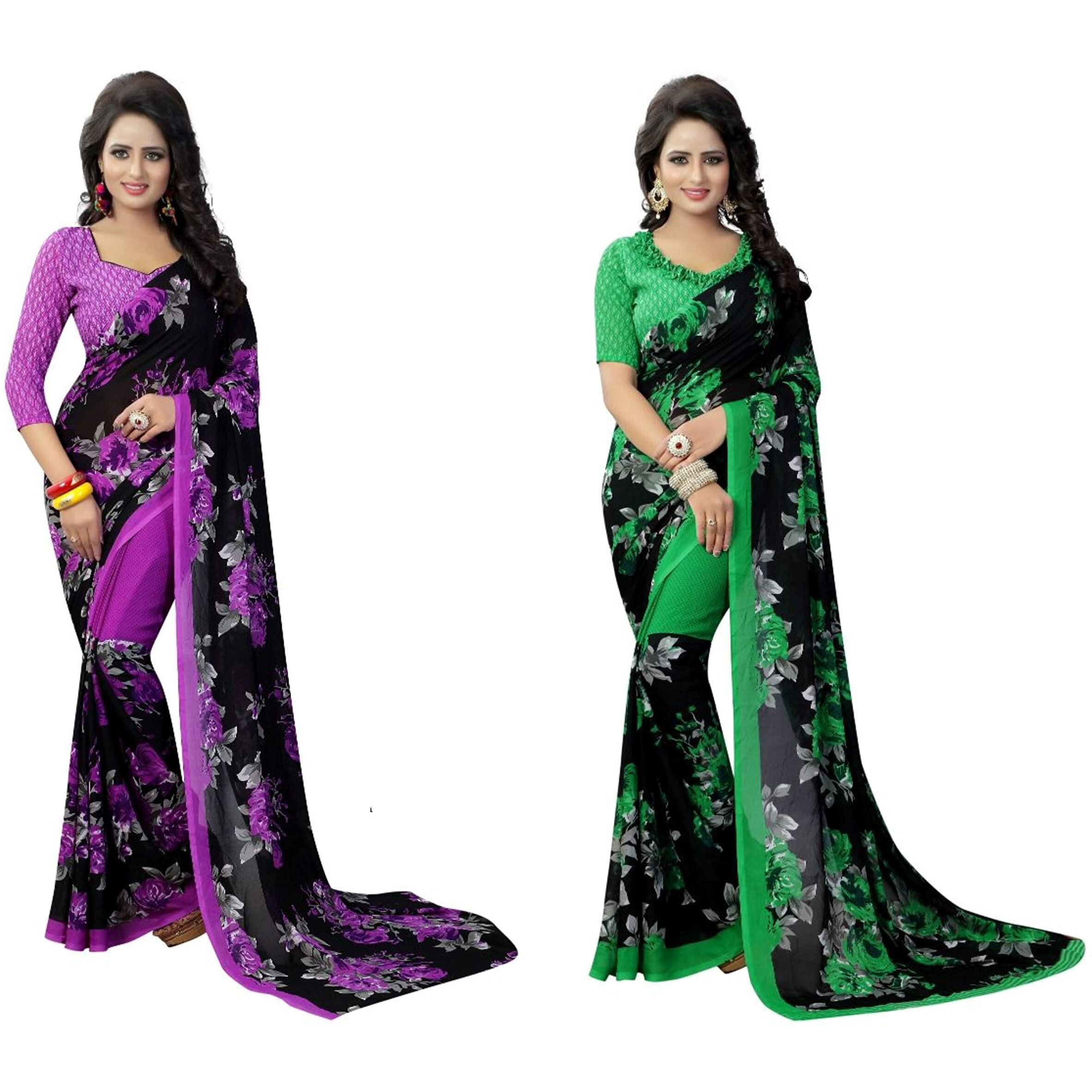 Yashika Women's Jacquard Pure Georgette Saree Combo Violet_Floral Green_Purple