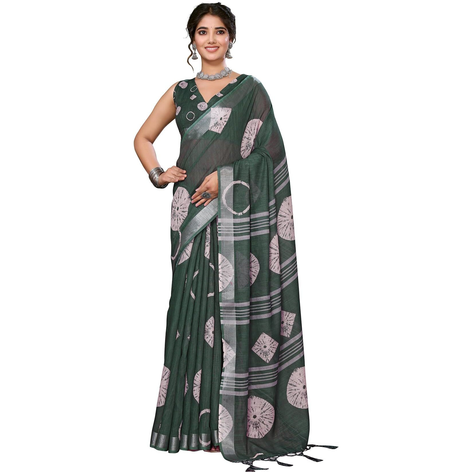 Yashika Women's Plain Digital Print Cotton Silk Blend Saree with Silver Weaving Border Tassels-Elegant Ethnic Wear for Festive and Casual Occasions (AZ-YS-P1-TIGER 07 to 20-Parent_Tiger Green)