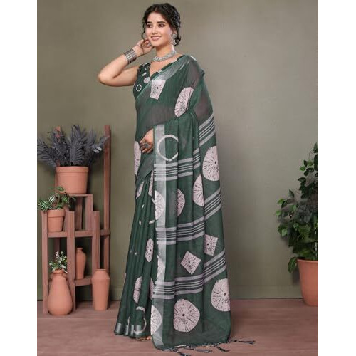 Yashika Women's Plain Digital Print Cotton Silk Blend Saree with Silver Weaving Border Tassels-Elegant Ethnic Wear for Festive and Casual Occasions (AZ-YS-P1-TIGER 07 to 20-Parent_Tiger Green)