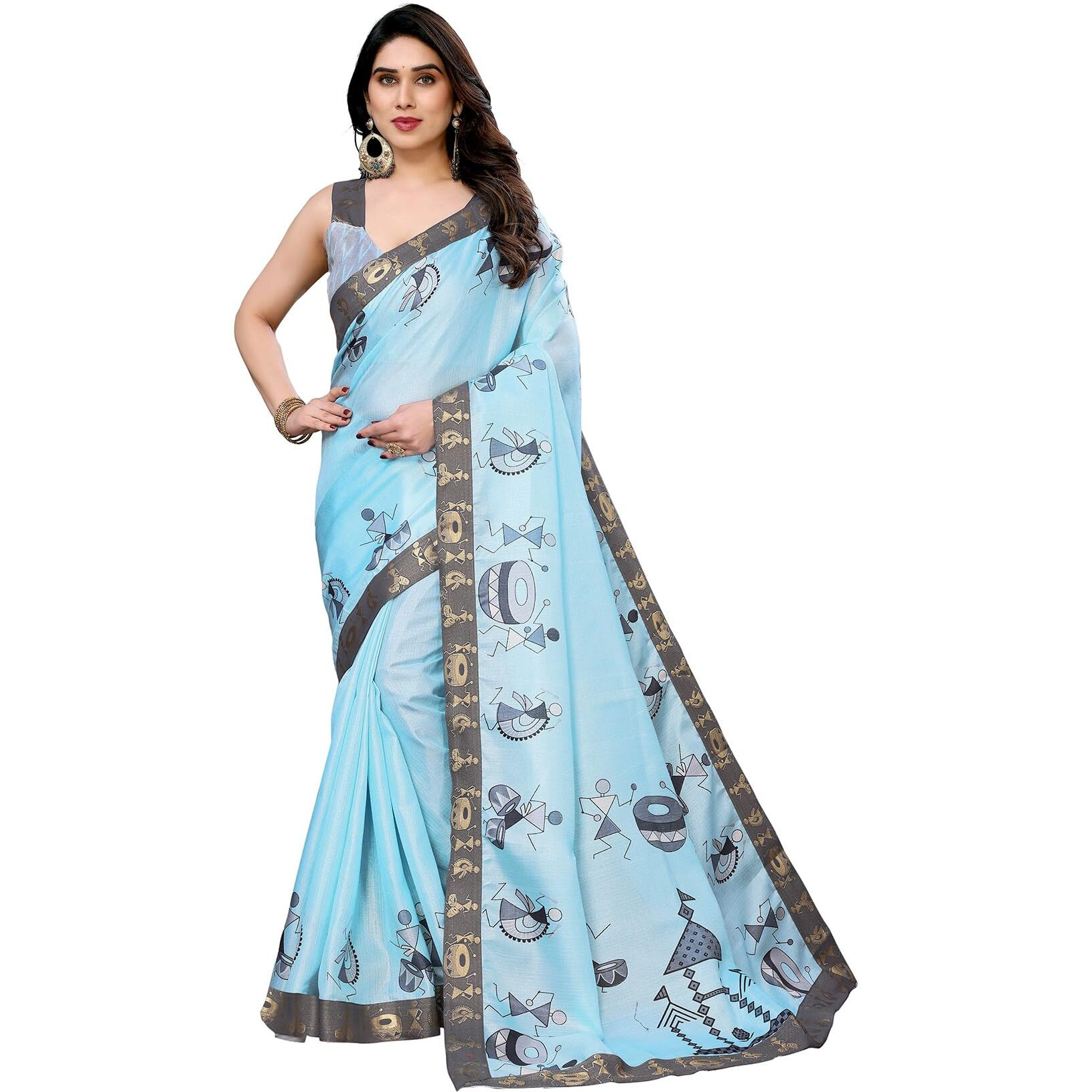 Yashika Women's Printed Kalamkari Art Silk Saree With Lace and Unstitched Blouse Material (AZ-YS-P1-DAMRU SKY BLUE LACE)