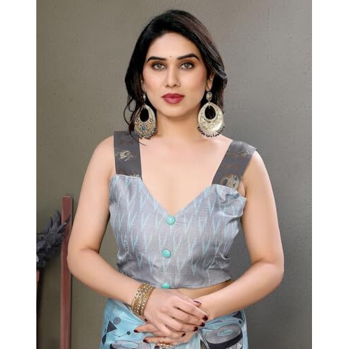 Yashika Women's Printed Kalamkari Art Silk Saree With Lace and Unstitched Blouse Material (AZ-YS-P1-DAMRU SKY BLUE LACE)
