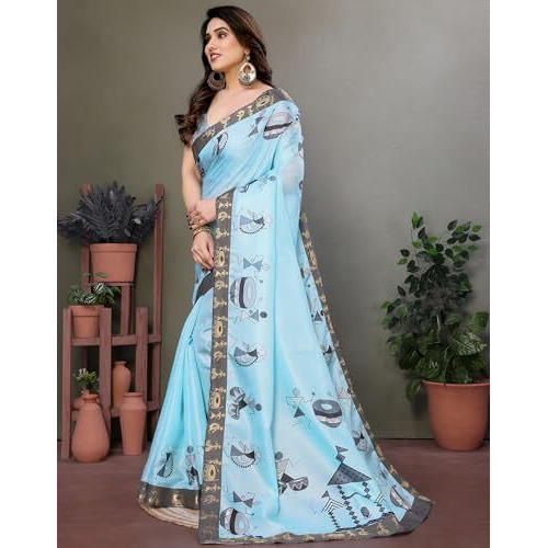Yashika Women's Printed Kalamkari Art Silk Saree With Lace and Unstitched Blouse Material (AZ-YS-P1-DAMRU SKY BLUE LACE)