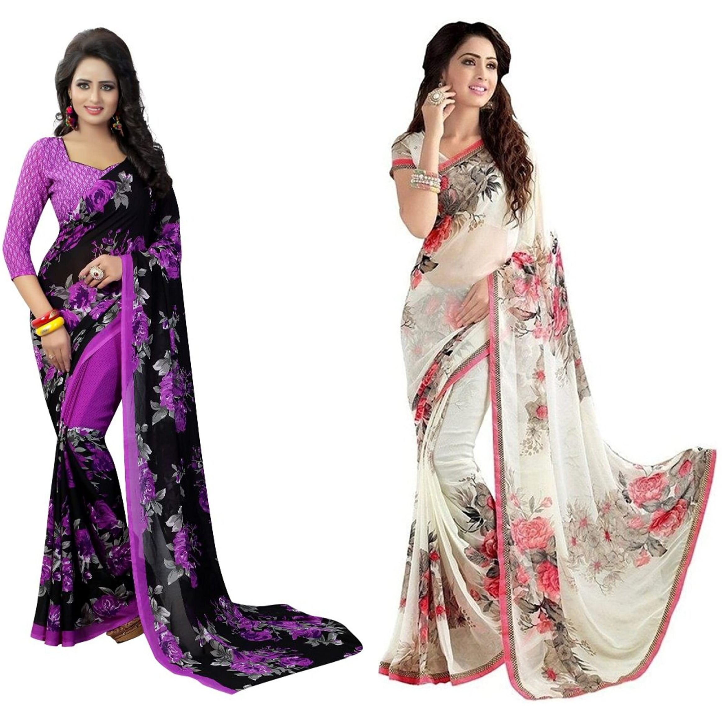 Yashika Women's Jacquard Pure Georgette Saree Combo (Floral Violet_APSARA White_Purple