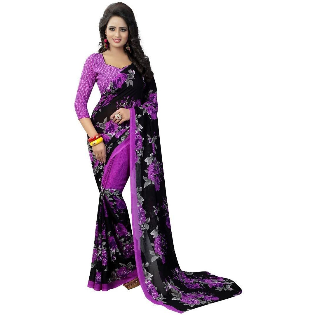 Yashika Women's Jacquard Pure Georgette Saree Combo (Floral Violet_APSARA White_Purple