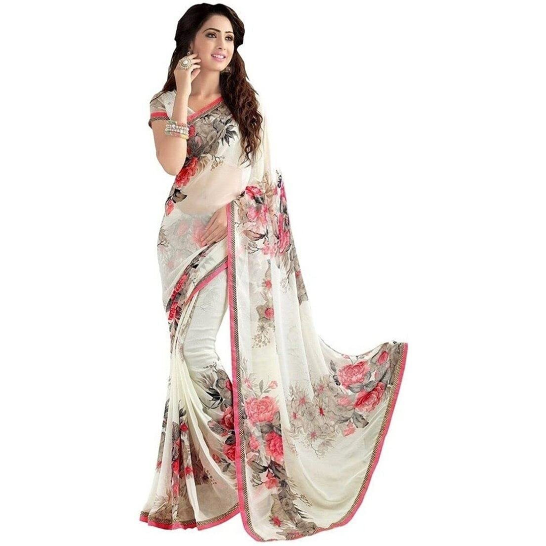 Yashika Women's Jacquard Pure Georgette Saree Combo (Floral Violet_APSARA White_Purple