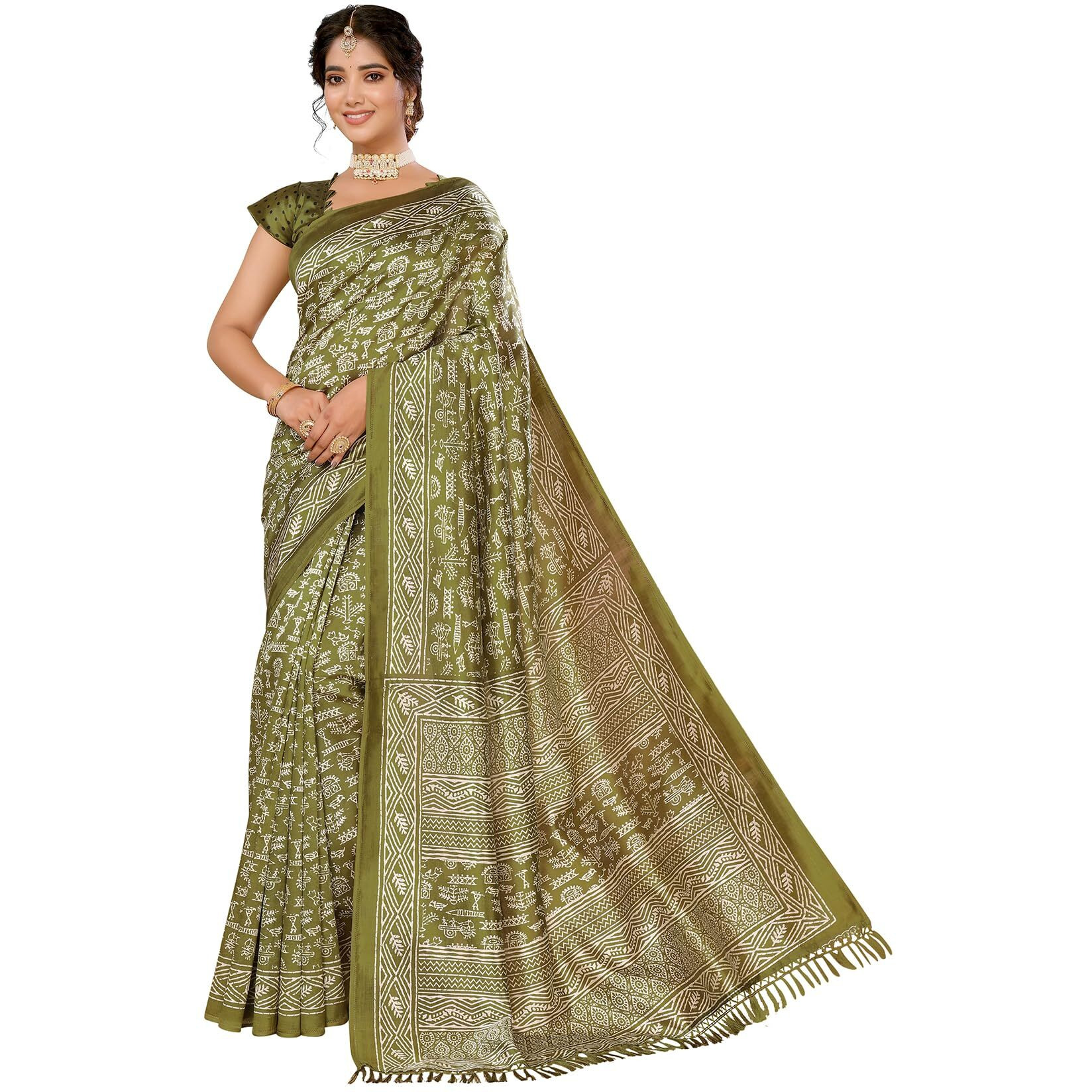 Yashika Women's Art Silk Printed with Tassels Unstitched Blouse Material Stylish Party Casual Wear Traditional Trendy Saree (AZ-YS-P1-RUPSA-Parent_Mahendi)
