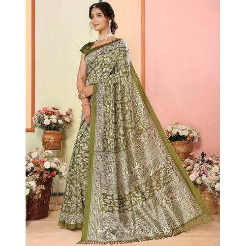 Yashika Women's Art Silk Printed with Tassels Unstitched Blouse Material Stylish Party Casual Wear Traditional Trendy Saree (AZ-YS-P1-RUPSA-Parent_Mahendi)