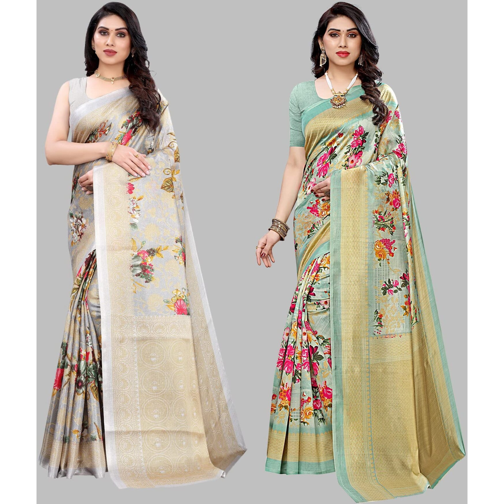 Yashika Women's Combo Art Silk Printed Saree With Blouse Piece Pack Of 2(PUDINA GREY-AIR LIGHT GREEN)