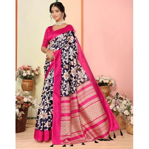 Yashika Women's Art Silk Printed with Tassels Unstitched Blouse Material Stylish Party Casual Wear Traditional Trendy Saree (AZ-YS-P1-SEVIKA-Parent_Navy)