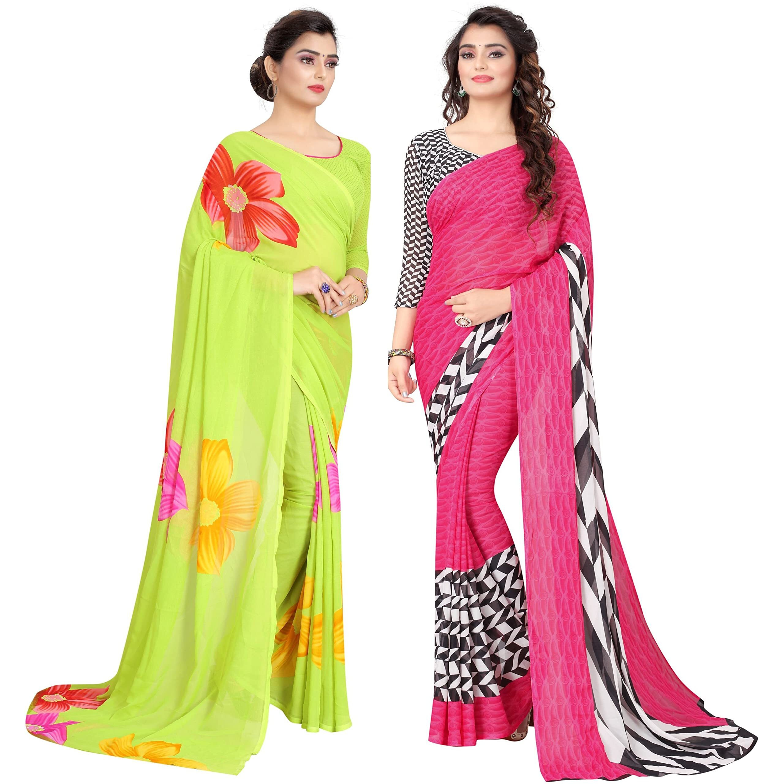 Yashika Womens Georgette Saree With Blouse Piece(MULTI FLOWER_PIKU PINK_Pack Of-2)