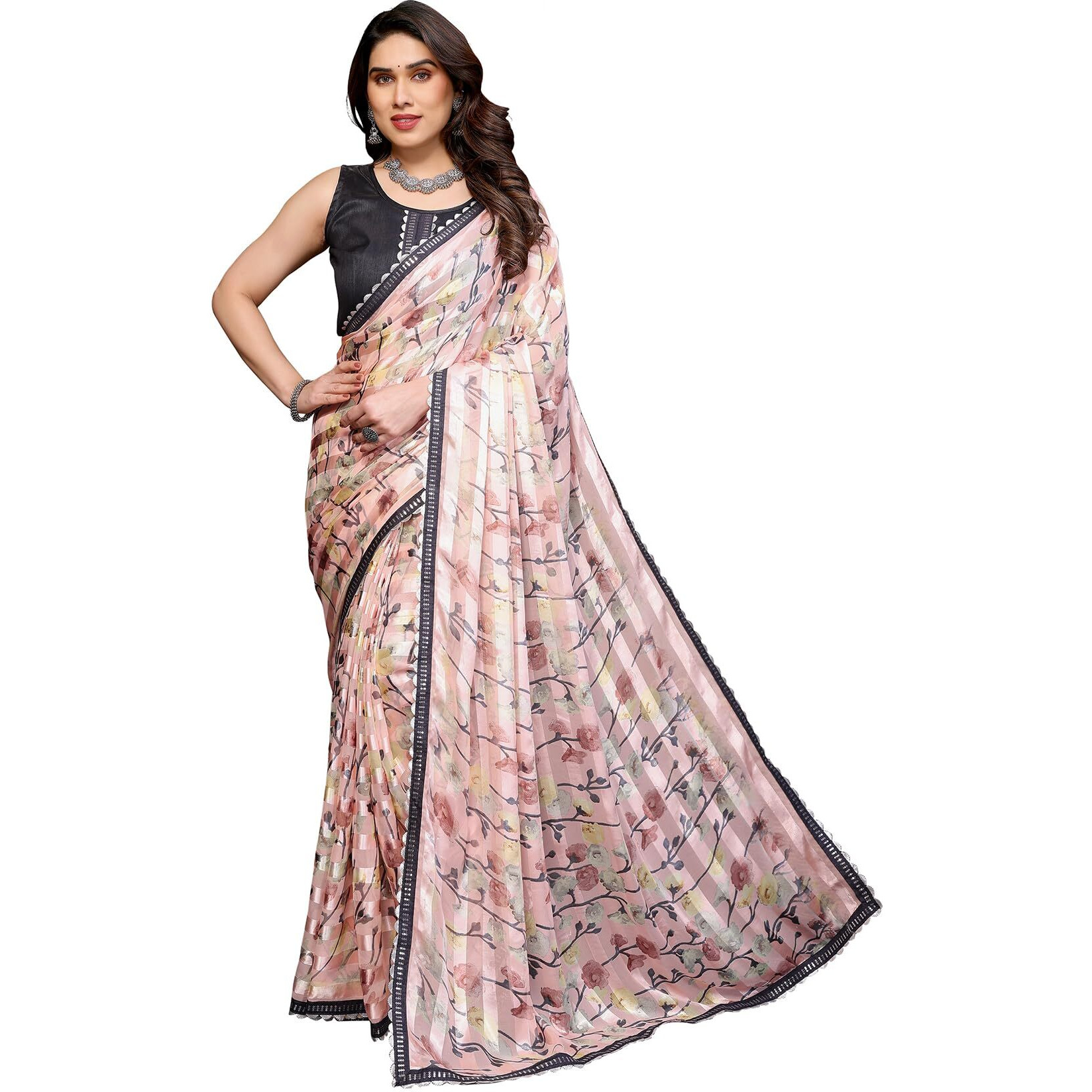 Yashika Women's Printed Georgette Satin Saree with Lace Border and Blouse Material (AZ-YS-P1-SHABNAM BROWN)