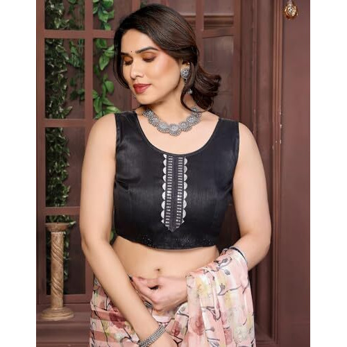 Yashika Women's Printed Georgette Satin Saree with Lace Border and Blouse Material (AZ-YS-P1-SHABNAM BROWN)