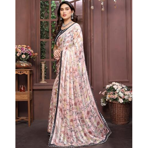 Yashika Women's Printed Georgette Satin Saree with Lace Border and Blouse Material (AZ-YS-P1-SHABNAM BROWN)