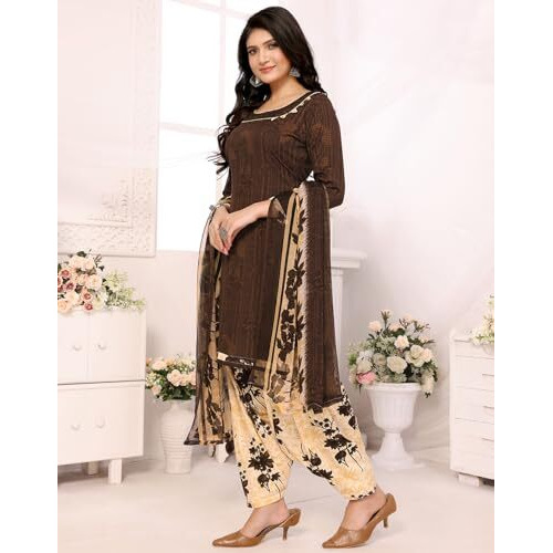 Yashika Women's Printed Dress Material - Unstitched Crepe Fabric Kurti, Pants & Dupatta Set (AZ-YS-P1-NITU BROWN)