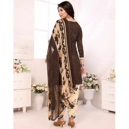 Yashika Women's Printed Dress Material - Unstitched Crepe Fabric Kurti, Pants & Dupatta Set (AZ-YS-P1-NITU BROWN)
