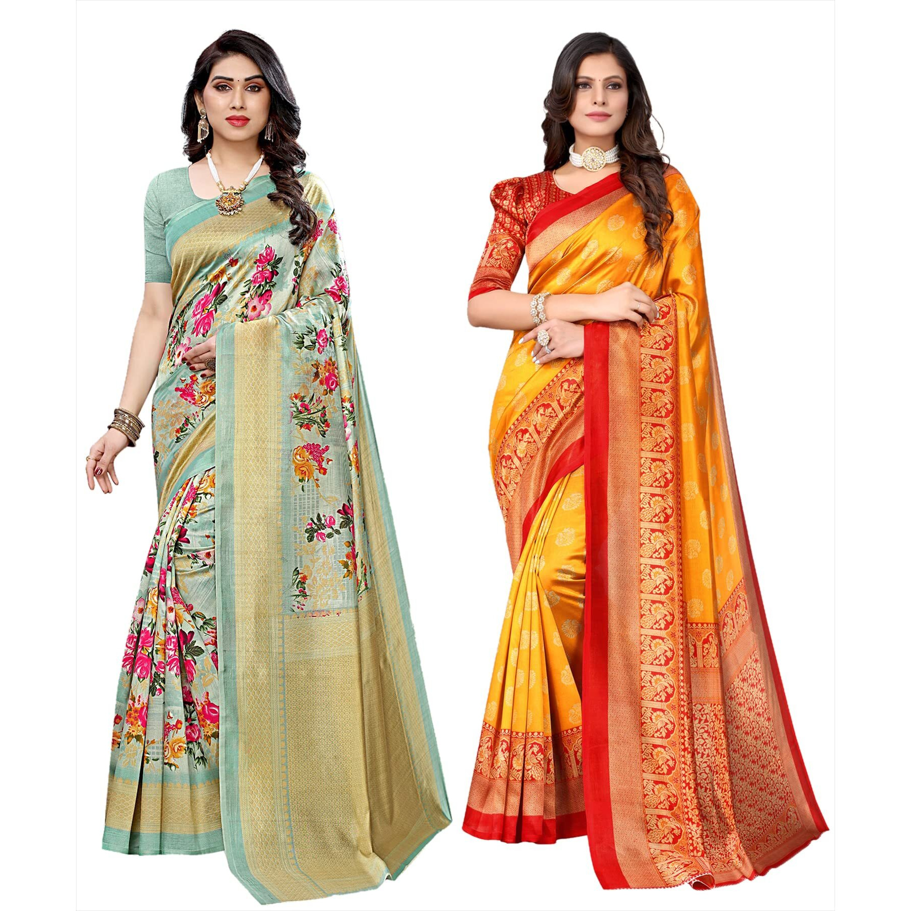 Yashika Women's Combo Art Silk Printed Saree With Blouse Piece Pack Of 2(AIR LIGHT GREEN-MINALI MUSTARD)