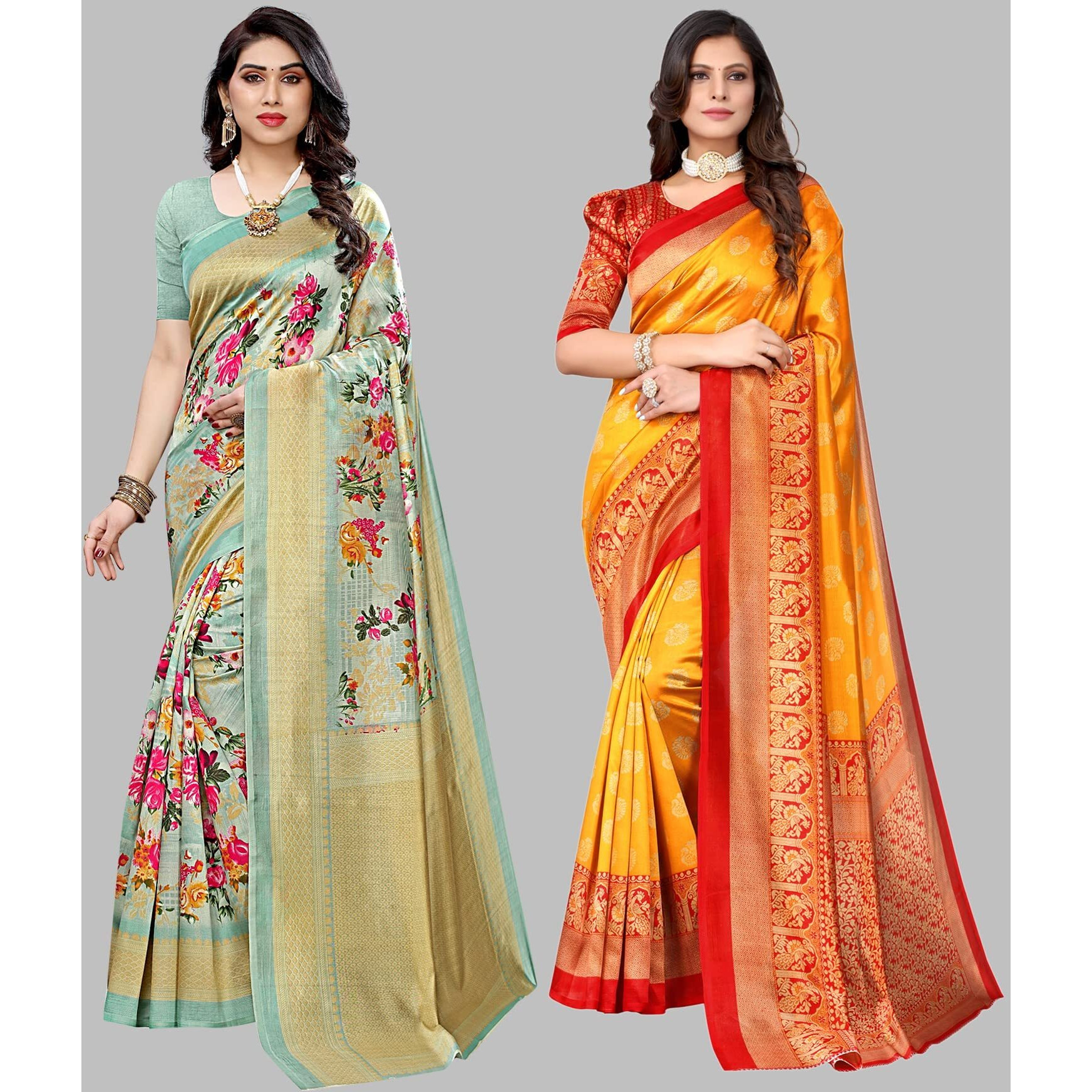 Yashika Women's Combo Art Silk Printed Saree With Blouse Piece Pack Of 2(AIR LIGHT GREEN-MINALI MUSTARD)