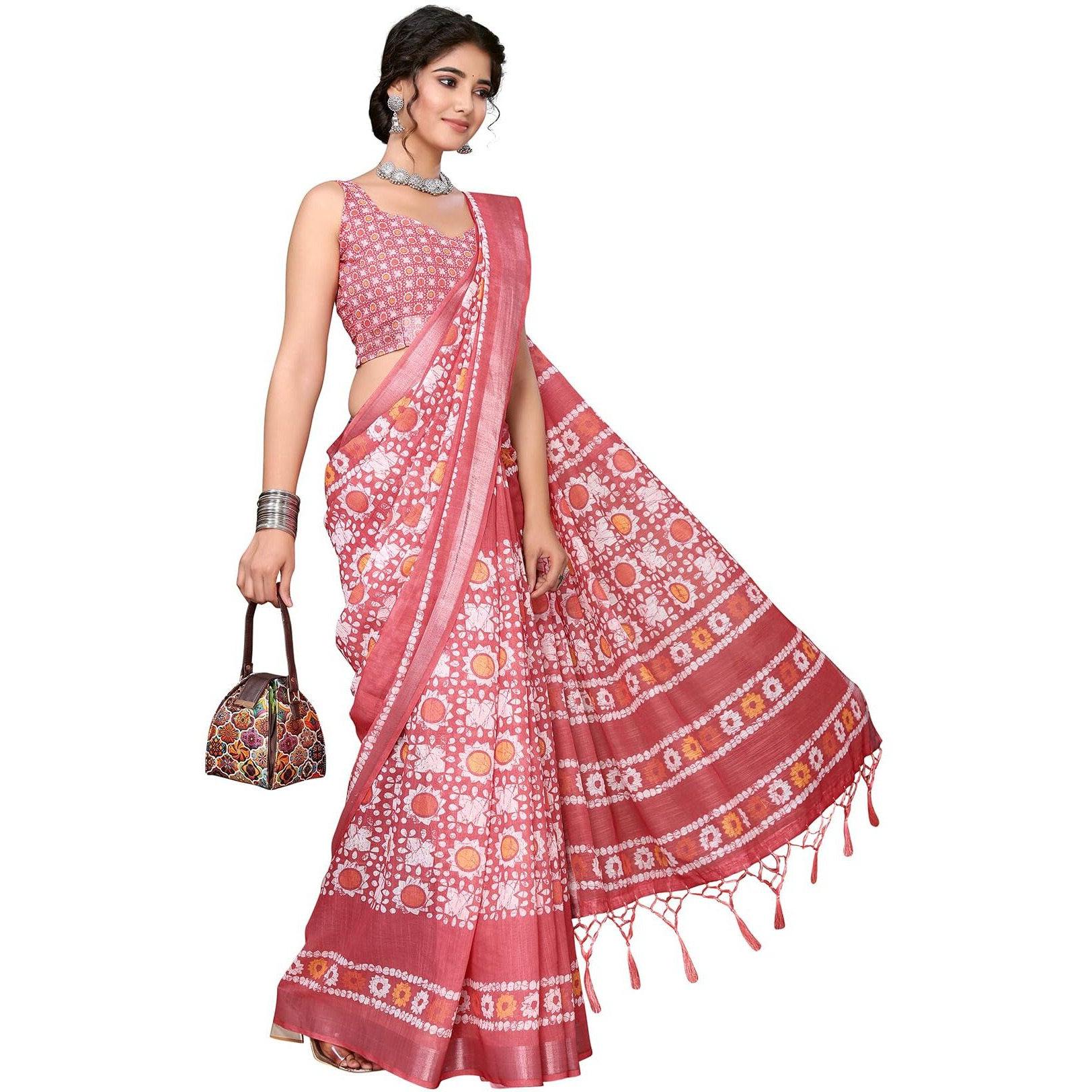 Yashika Women's Plain Digital Print Cotton Silk Blend Saree with Silver Weaving Border Tassels-Elegant Ethnic Wear for Festive and Casual Occasions (AZ-YS-P2-TIGER 01 to 06-Parent_Tiger Peach)